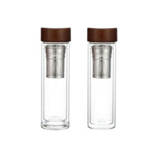 Двухслойная стеклянная бутылка для воды с деревянной крышкой и стеклянная бутылка для заварки чая из бамбука